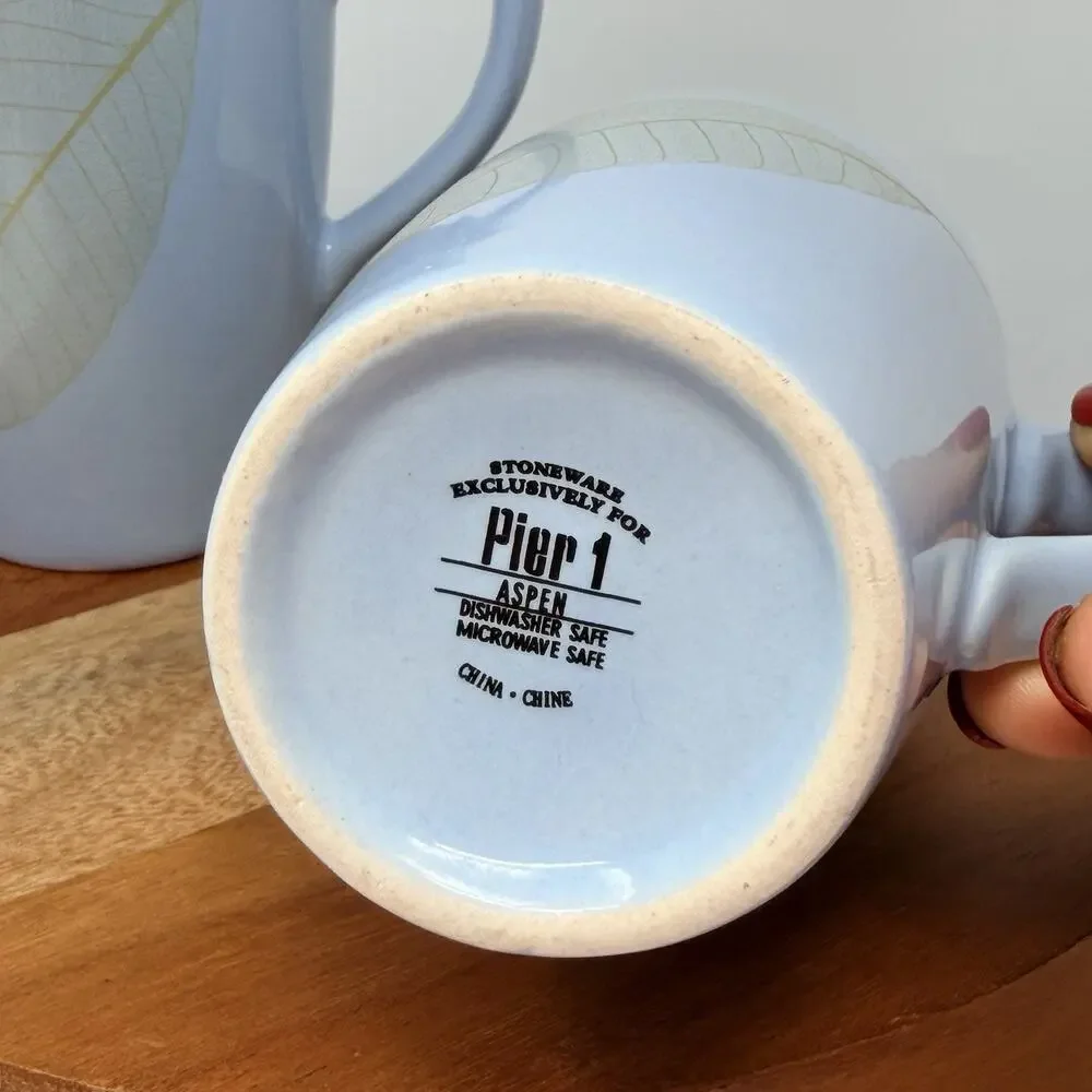 Pier 1 Aspen Blue with Gold Leaf Stoneware Coffee Mug Tea Cup Set Matching